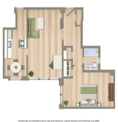 A floor plan of a house with a kitchen, living room, dining room, and bedrooms.